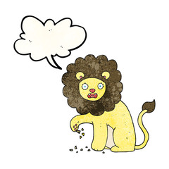 speech bubble textured cartoon lion with thorn in foot