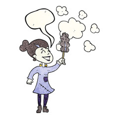 speech bubble textured cartoon zombie woman dusting