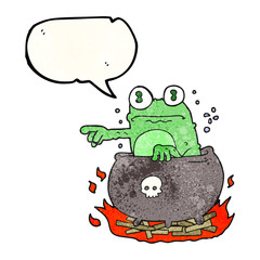 speech bubble textured cartoon halloween toad in cauldron