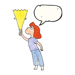 speech bubble textured cartoon woman searching with torch