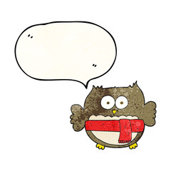 speech bubble textured cartoon owl wearing scarf