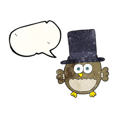 speech bubble textured cartoon owl in top hat