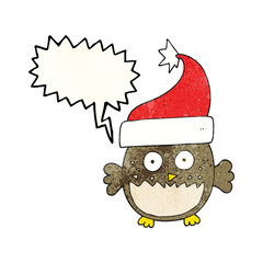 speech bubble textured cartoon owl wearing christmas hat