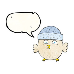 speech bubble textured cartoon owl wearing hat