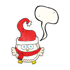 speech bubble textured cartoon owl wearing christmas hat