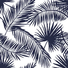 Behang Palmbomen Palm bladeren silhouet op de witte achtergrond. Vector naadloos patroon met tropische planten.
