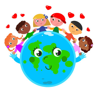 Happy cute planet earth with children in peace and love
