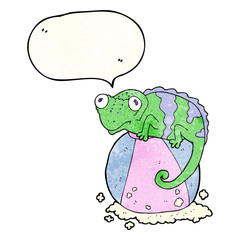 speech bubble textured cartoon chameleon on ball