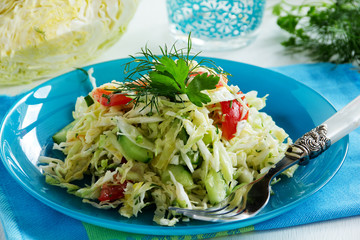 Young cabbage salad with cucumbers and tomatoes.