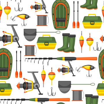 Seamless pattern with fishing supplies. Background made without clipping mask. Easy to use for backdrop, textile, wrapping paper