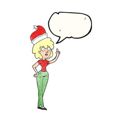 speech bubble textured cartoon woman wearing santa hat
