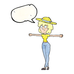speech bubble textured cartoon woman spreading arms
