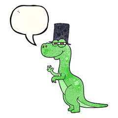 speech bubble textured cartoon dinosaur wearing top hat