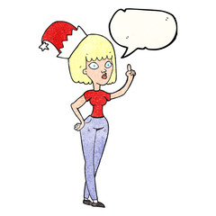 speech bubble textured cartoon woman wearing christmas hat
