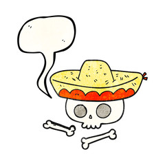 speech bubble textured cartoon skull in mexican hat