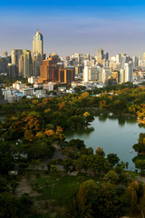 Fototapeta premium Bangkok sky line with park before sunset, Bangkok, Thailand.