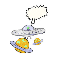 speech bubble textured cartoon flying saucer in space