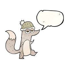 speech bubble textured cartoon little wolf wearing hat