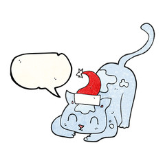 speech bubble textured cartoon cat wearing christmas hat