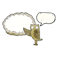 speech bubble textured cartoon owl pointing