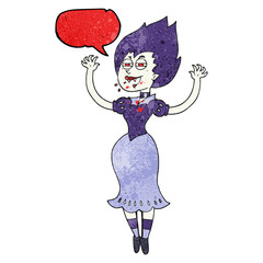 speech bubble textured cartoon vampire girl with bloody mouth