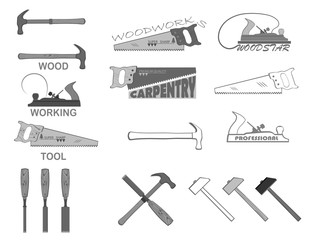 set of tools for working with wood. have a hammer, planer, circular saw 