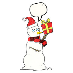 speech bubble textured cartoon snowman holding present