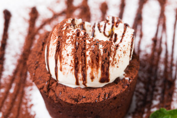 Delicious chocolate fondant with ice cream.