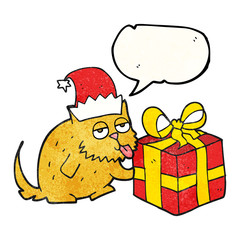 speech bubble textured cartoon cat with present