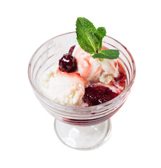 Vanilla ice cream with strawberry jam.