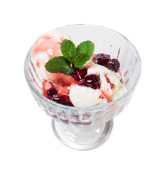 Vanilla ice cream with cherry jam.