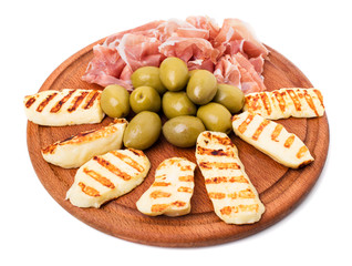 Prosciutto and fried mozzarella sticks platter.