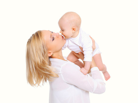 Happy mother with little baby on a white background