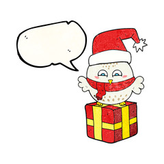 speech bubble textured cartoon cute christmas owl on gift
