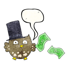 speech bubble textured cartoon wealthy little owl with top hat