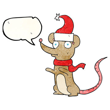 speech bubble textured cartoon mouse wearing christmas hat