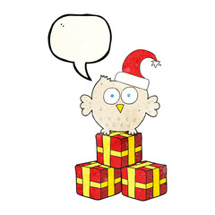 speech bubble textured cartoon little owl wearing christmas hat