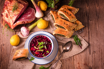 beet green soup with pastries - obrazy, fototapety, plakaty