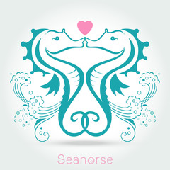 seahorse couple kissing and make a love sign on white background Vector illustration