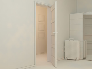 3D render of interior design living in a studio apartment in a modern minimalist style. The illustration shows the open door into the room, the hallway and the cabinet