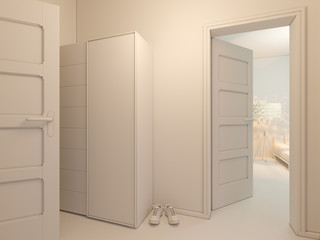 3D render of interior design entrance hall in a studio apartment in a modern minimalist style. The illustration shows the open doors in the living room, hallway and large closet. 