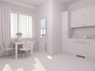 3D render of interior design kitchen in a studio apartment in a modern minimalist style. The illustration shows a corner kitchen in red and wooden color fasades and table near a window