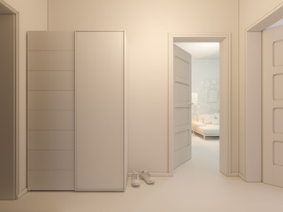 3D render of interior design entrance hall in a studio apartment in a modern minimalist style. The illustration depicts an open door into the room, entrance hall with wardrobe