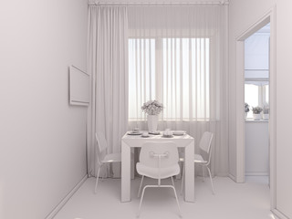 3D render of interior design kitchen in a studio apartment in a modern minimalist style. The illustration shows a corner kitchen in red and wooden color fasades and table near a window