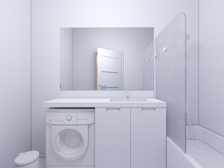 3d render of interior design bathroom. The illustration shows the bedside table with a mirror in white color, under which there is a washing machine. Bath with water and glass shower curtain.