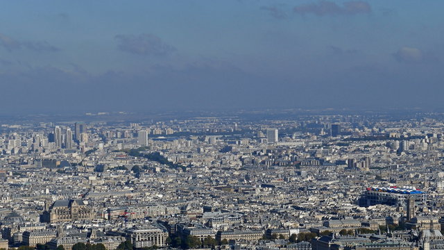 Panoramic footage in 4k with Paris from Montparnasse tower. Aerial view including Cultural centre Georges Pompidou and cathedral Notre-Dame.
