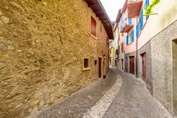 Picturesque small town street view in Limone, Lake Garda Italy.