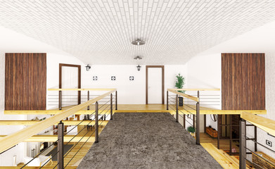 Interior of second floor of loft house 3d render