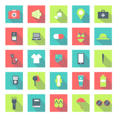 Traveling and object in backpack. flat icons