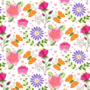 Springtime Colorful Flower and Butterfly Seamless Pattern